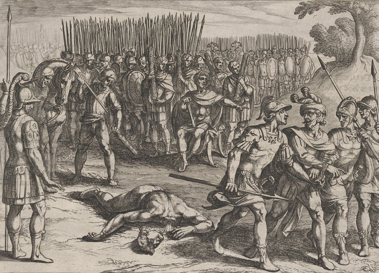 Plade 3: Claudius Civilis arresteret og hans bror Paulus halshugget, fra The War of the Ro..., 1611. af Antonio Tempesta