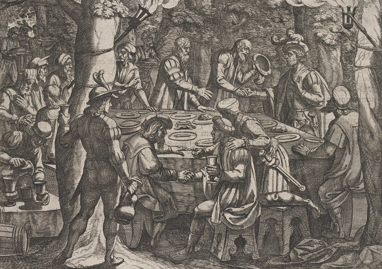 Plade 4: Civilis fortæller de hollandske ældste, at de bliver behandlet som slaver af romerne..., 1611. af Antonio Tempesta
