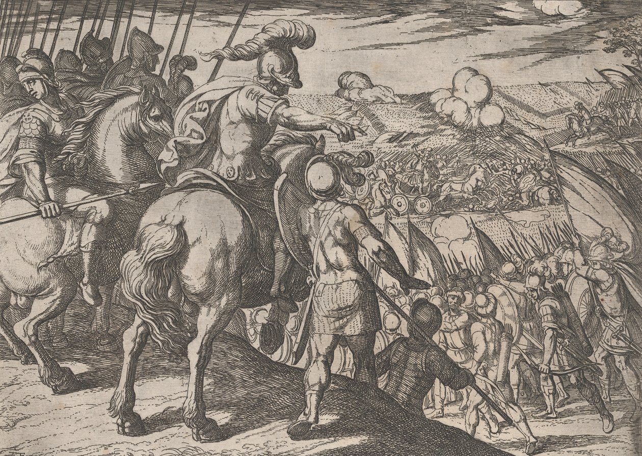 Plade 5: Alexander dirigerer et slag, fra Alexander den Stores gerninger, 1608., af Antonio Tempesta