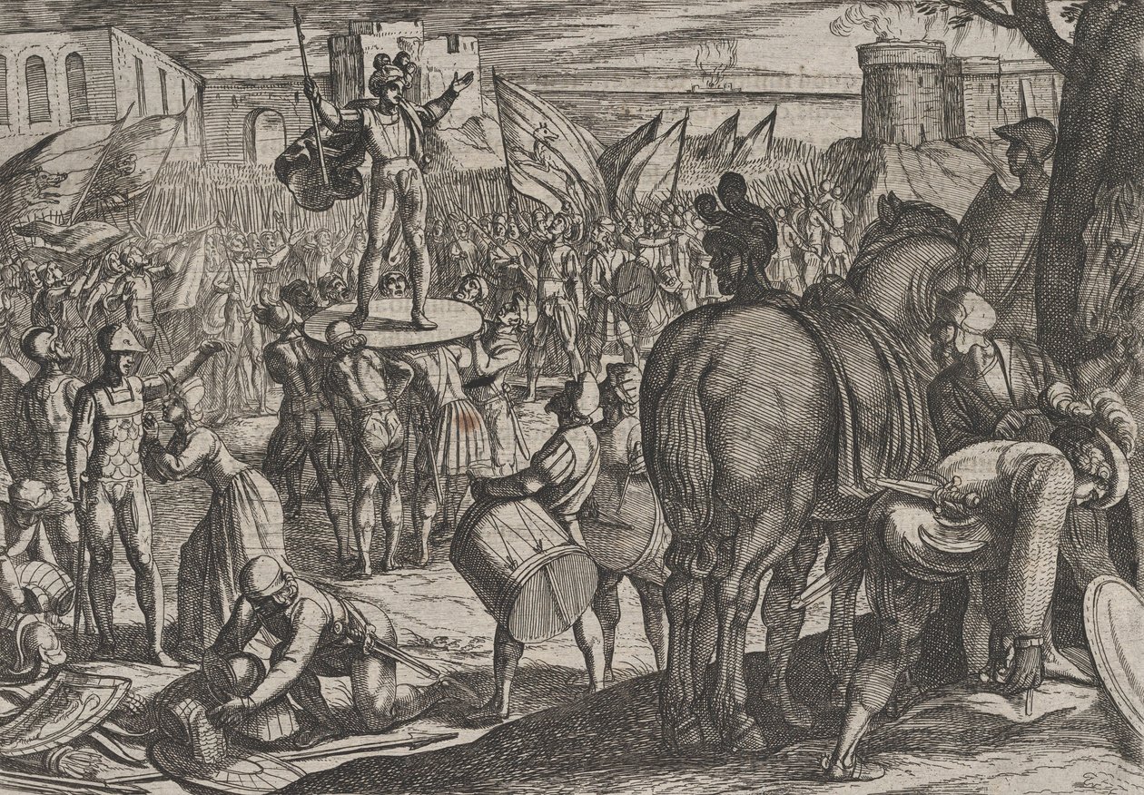 Plade 5: Bruno udnævnt til leder af hundefaterne, fra The War of the Romans Against the..., 1611. af Antonio Tempesta