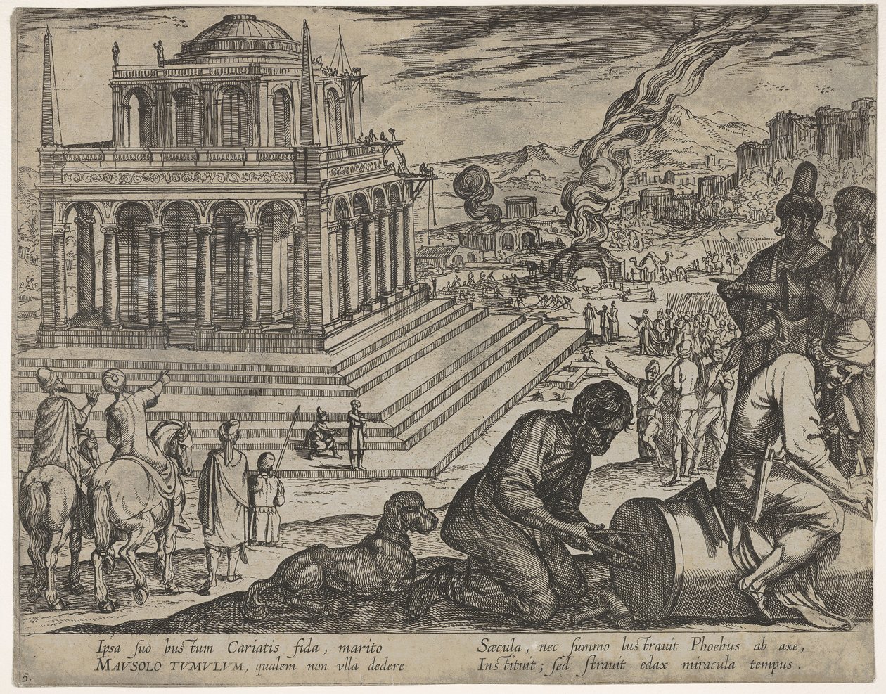 Plade 5: Mausolus grav, stenhuggere laver en søjle til højre, fra De syv vidundere..., 1608. af Antonio Tempesta