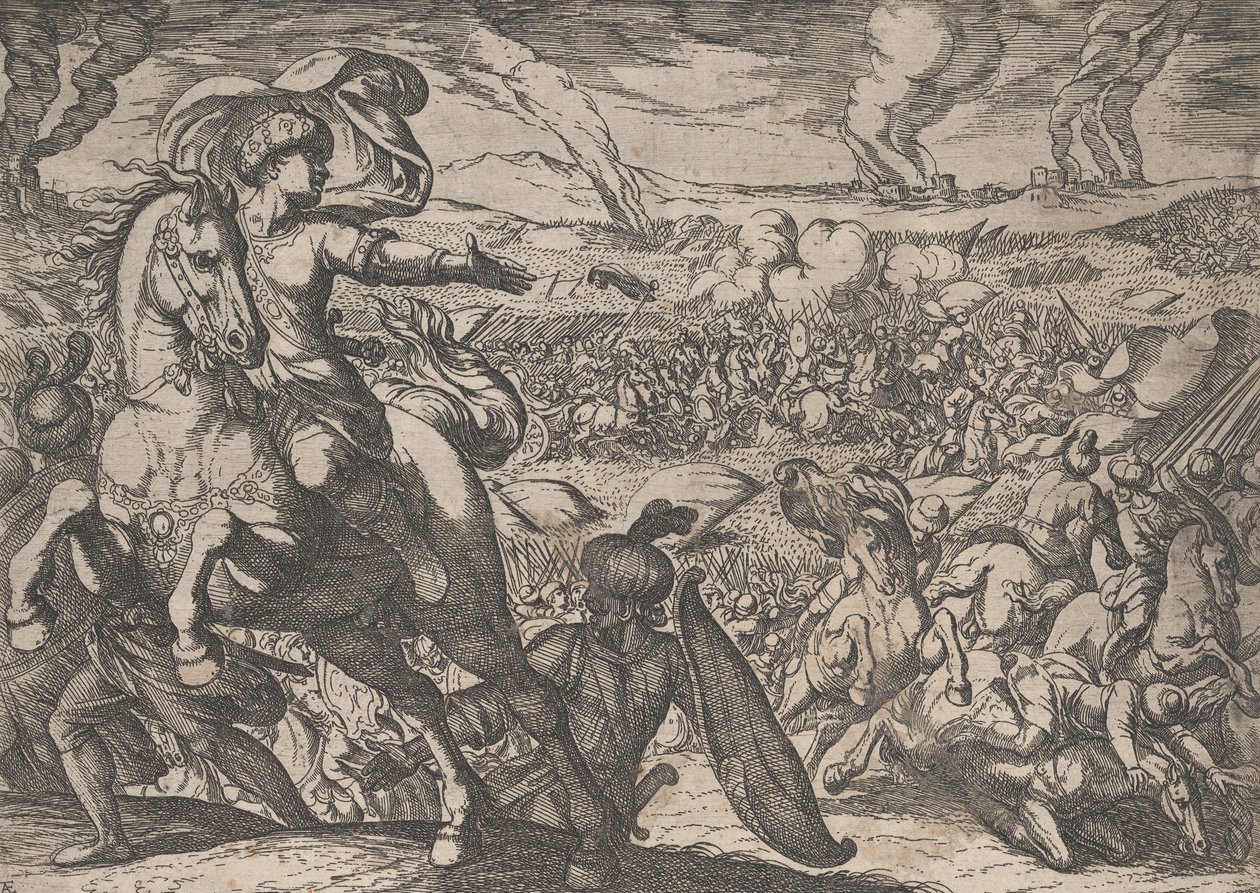 Plade 6: Darius flygter fra slagmarken, fra Alexander den Stores gerninger, 1608. af Antonio Tempesta