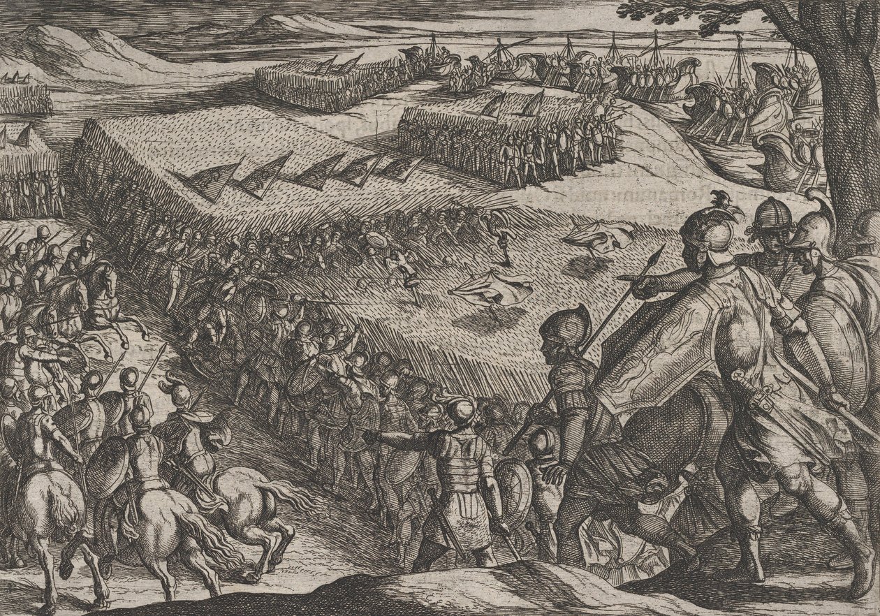 Plade 6: Romerne besejret nær Rhinen, fra The War of the Romans Against the Batavians ..., 1611. af Antonio Tempesta