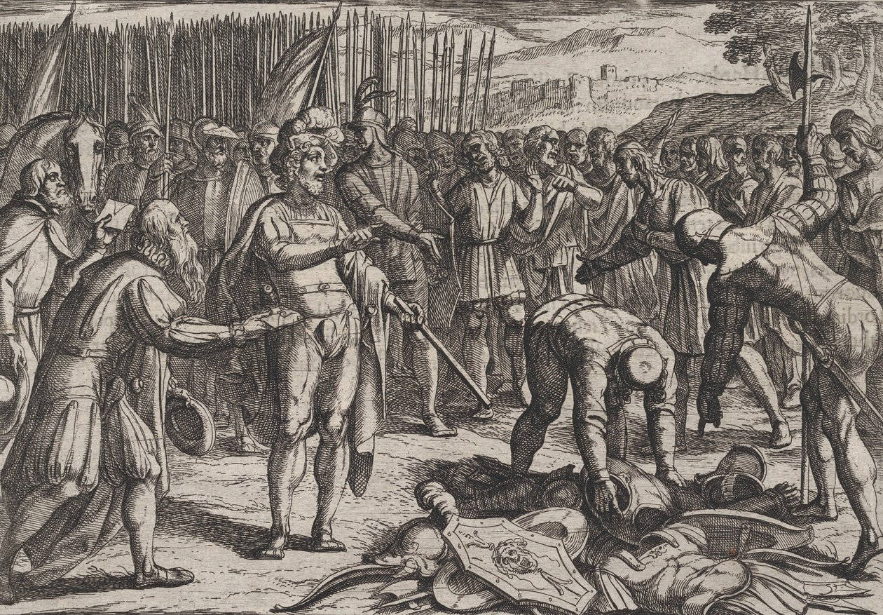Plade 7: Tyske udsendinge besøger Civilis, fra The War of the Romans Against the Batavians Ro..., 1611. af Antonio Tempesta