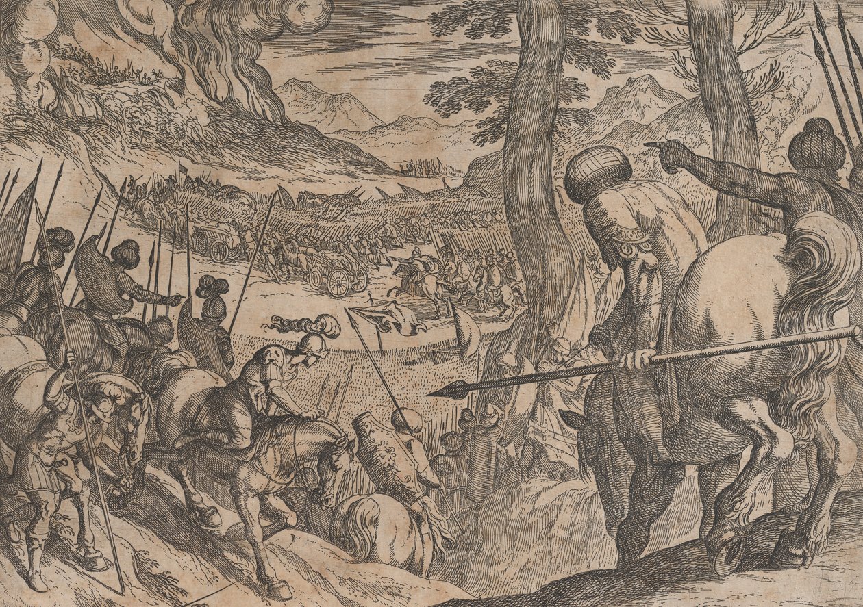Plade 8: Alexander omringer fjendens tropper med ild, fra The Deeds of Alexander the ..., 1608. af Antonio Tempesta