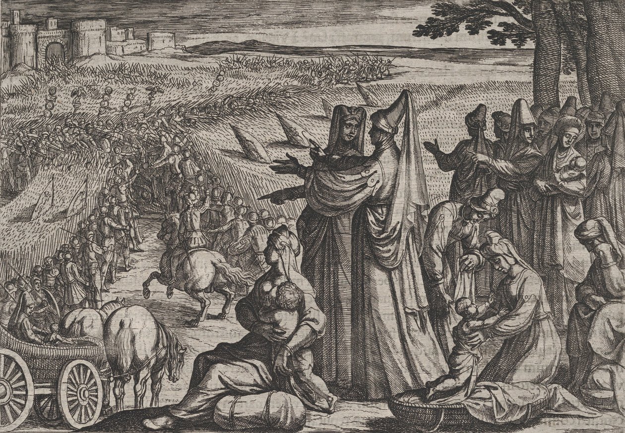 Plade 8: Kvinder og børn observerer Civilis, der kæmper mod romerne, fra The War of the Roma..., 1611. af Antonio Tempesta