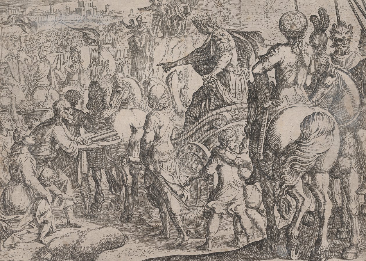 Plade 9: Alexanders triumferende indtog i Babylon, fra Alexander den Stores gerninger, ..., 1608. af Antonio Tempesta