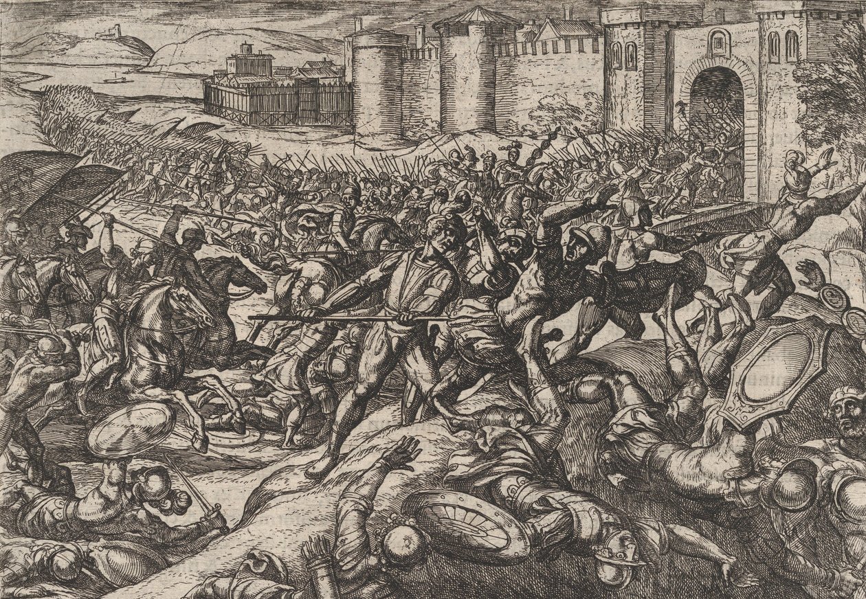 Plade 9: Romerne besejret af de hollandske tropper ved Bonna, fra The War of the Romans Agai..., 1611. af Antonio Tempesta