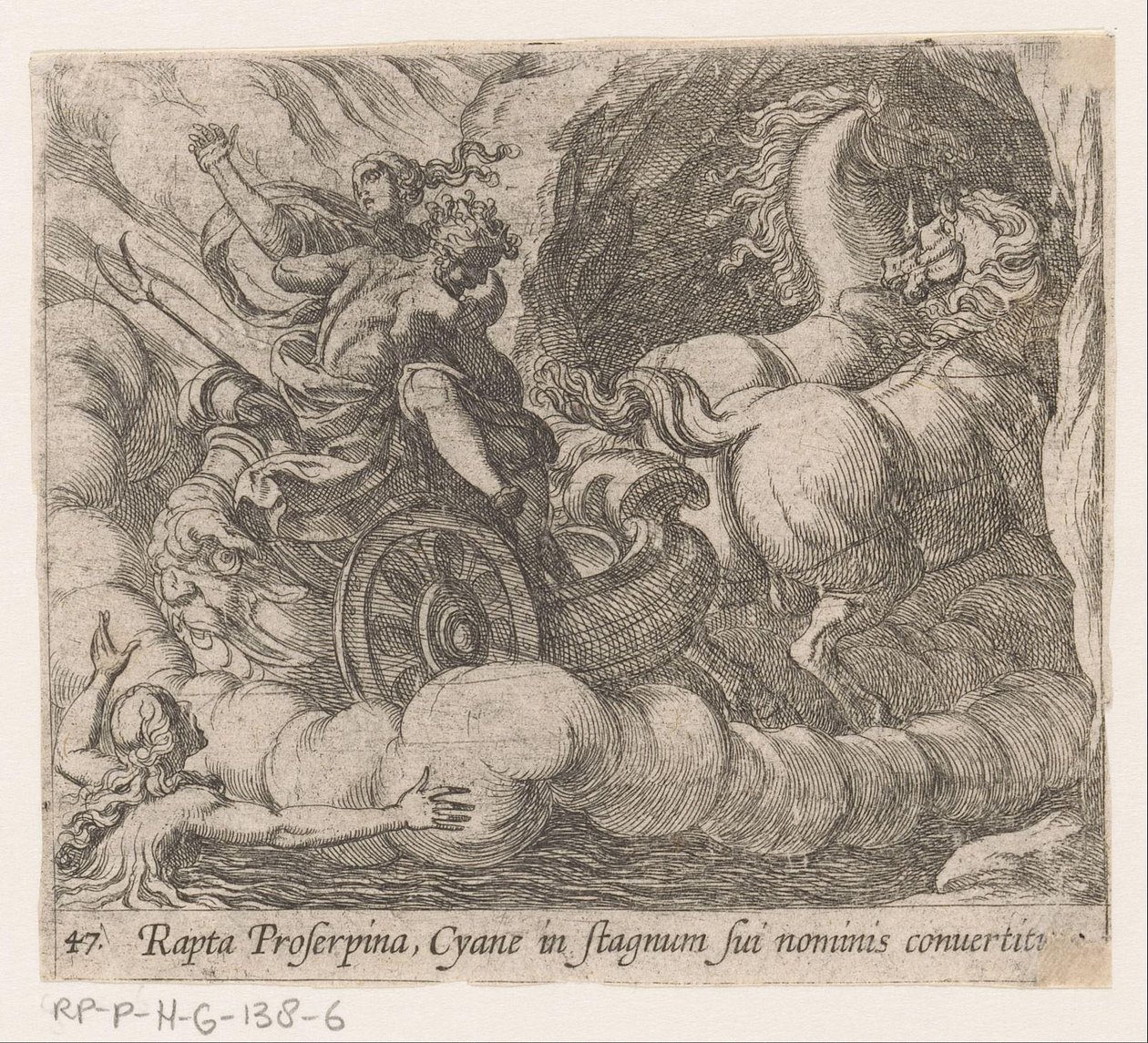 Pluto fortærer Proserpina, der sygner ud af nymfen Cyane Bortført af Proserpina bliver Cyane forvandlet til sin egen pool (titel på objektet) Metamorfoseon eller transformationer (serietitel) Metamorfosen van Ovidius (serietitel) af Antonio Tempesta