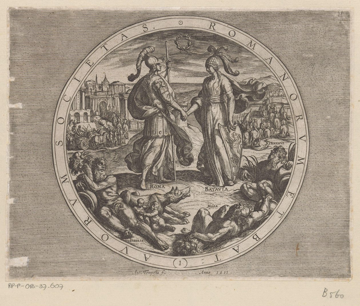 Rom en Batavia skudden hinanden de hånd Society of the Romans and the Dutch (titel på objekt) De Bataafse oorlogen tegen de Romeinen (serietitel) Hollændernes slag med romerne (serietitel) af Antonio Tempesta