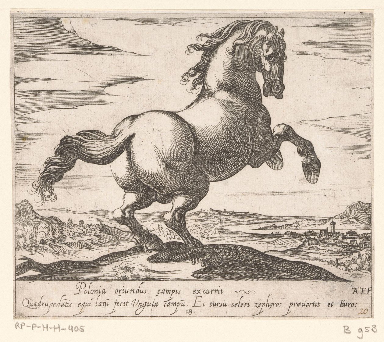 Steigerend paard naar rechts gewend Paarden uit verschiedelden landen (serietitel) Med disse ledere vil du blive fejret som en leder med en viroru-mund. af Antonio Tempesta