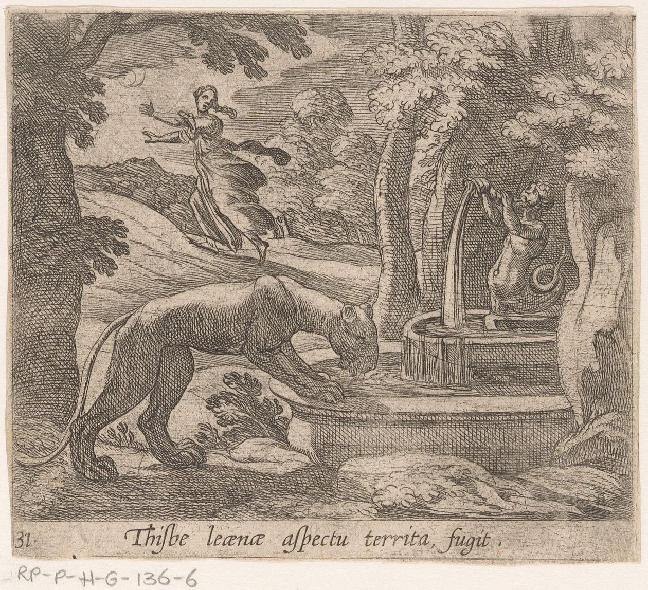 Thisbe vlucht voor the leeuwin ved bron Dette er aspektet af territoriets fugit (titel på objektet) Metamorfose og transformation (serietitel) The Metamorphoses of Ovid (serietitel) af Antonio Tempesta