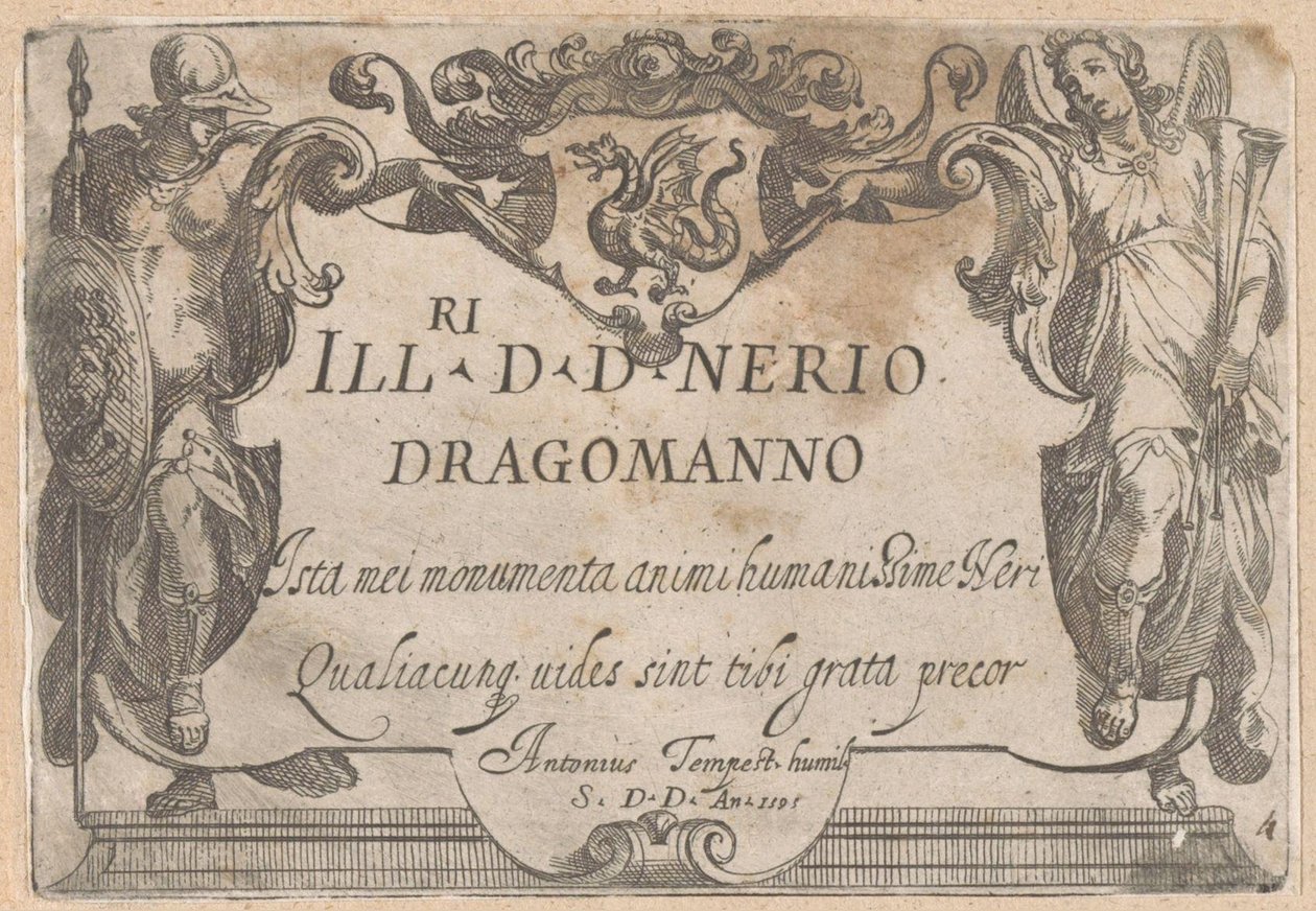 Titeltryk med kartouche med dedikation, flankeret af Minerva og Faam Jagtscener (del 1) (serietitel) af Antonio Tempesta