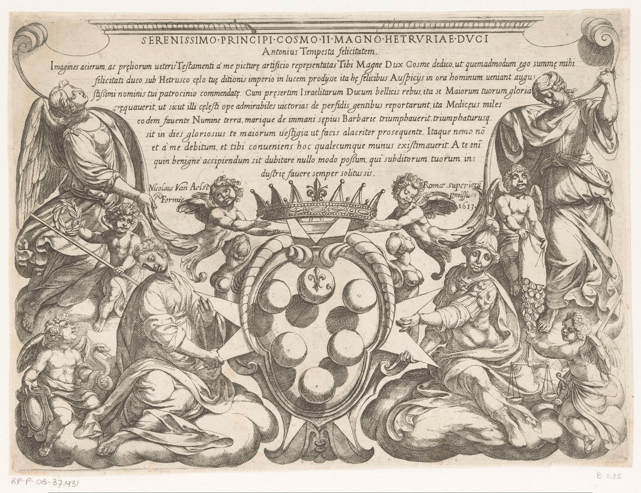 Titeltryk med dedikation til og våbenskjold af Cosimo II de