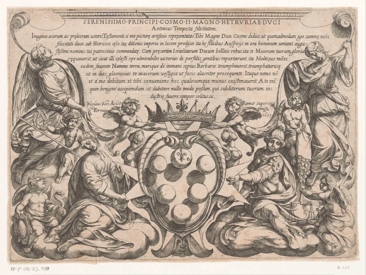 Titeltryk med dedikation til og våbenskjold af Cosimo II de