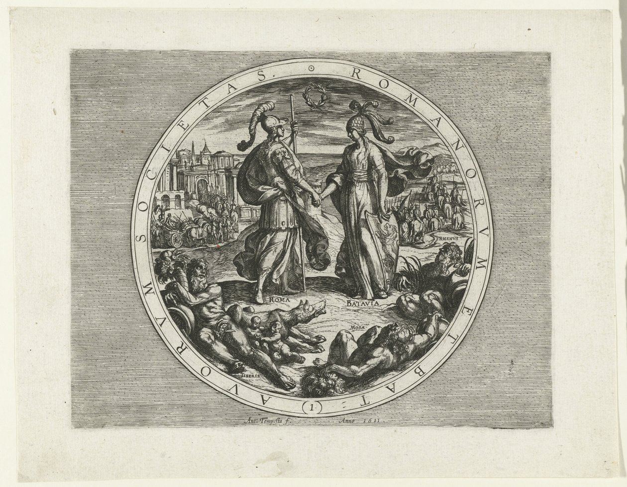 Titelprent voor de serie De Bataafse Opstand, 69-70 Society of the Romans and the Dutch (1) (titel på objektet) De Bataafse Opstand (serietitel) Hollændernes krig med romerne, à Cor. Tacito / De Batavische Oft Oude Hollandtsche Oorloghe teghen de Romeynen  af Antonio Tempesta