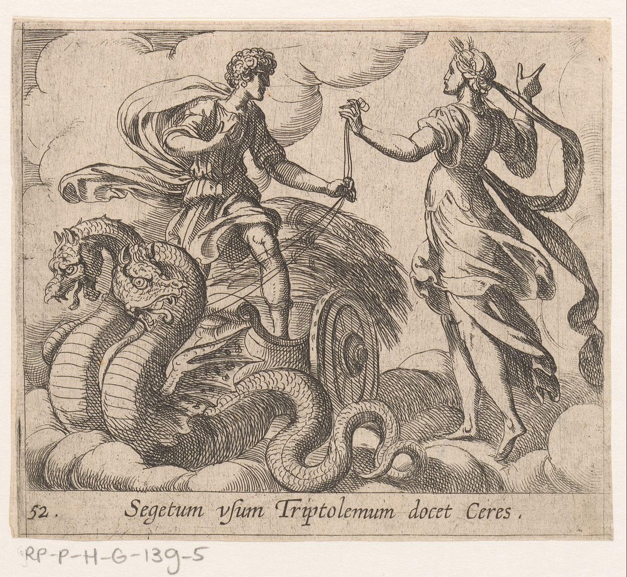 Triptolemus ontagunt de wagon van Ceres Ceres lærer Triptolemus afgrøden (titel på objekt) Metamorfoseon eller transformationer (serietitel) Metamorfosen van Ovidius (serietitel) af Antonio Tempesta
