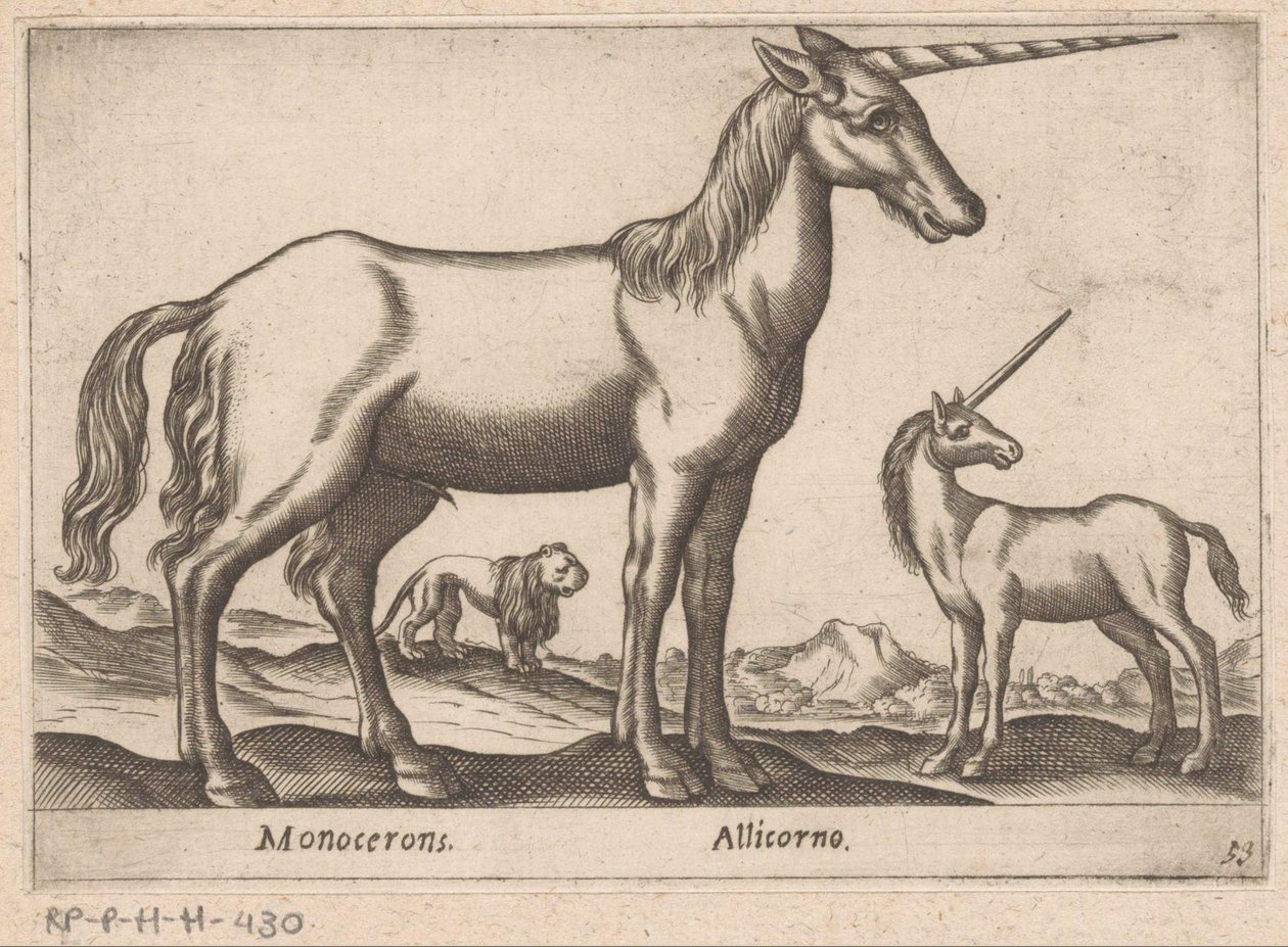 To enhjørninger og en løve Monocerons/ Allicorno (titel på objekt) Dyr og mytiske væsner (serietitel) Nova raccolta de li animali piu curiosi del mondo (serietitel) af Antonio Tempesta