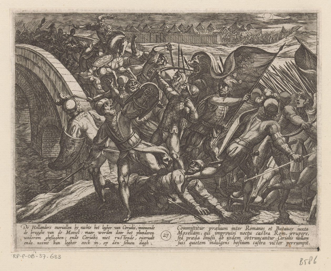 Overraskelsesangreb på den romerske lejr ved Mosel De bataviske krige mod romerne (serietitel) Batavorum cum Romanis Bellum (serietitel) af Antonio Tempesta