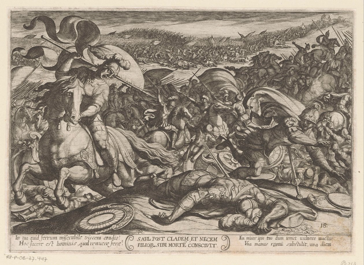 Sauls selvmord efter hans nederlag af filistrene Saul post cladem et necem fillor sibl morte conscivit (titel på objekt) Det Gamle Testamentes kampscener (serietitel) af Antonio Tempesta