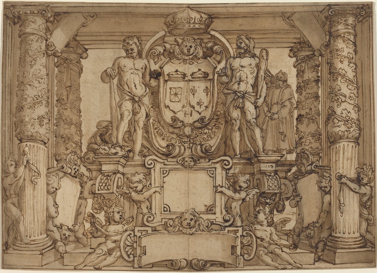 Et arkitektonisk vægdesign til ære for Henry IV, den galliske Hercules af Antonio Tempesta or Agostino Ciampelli