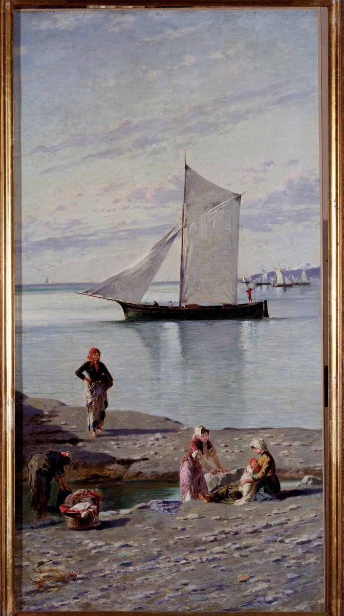 Lavandieres på bredden af Bisagno-floden nær Genes, Italien Maleri af Antonio Varni (1841-1908) 1891 Genes, Galleria d