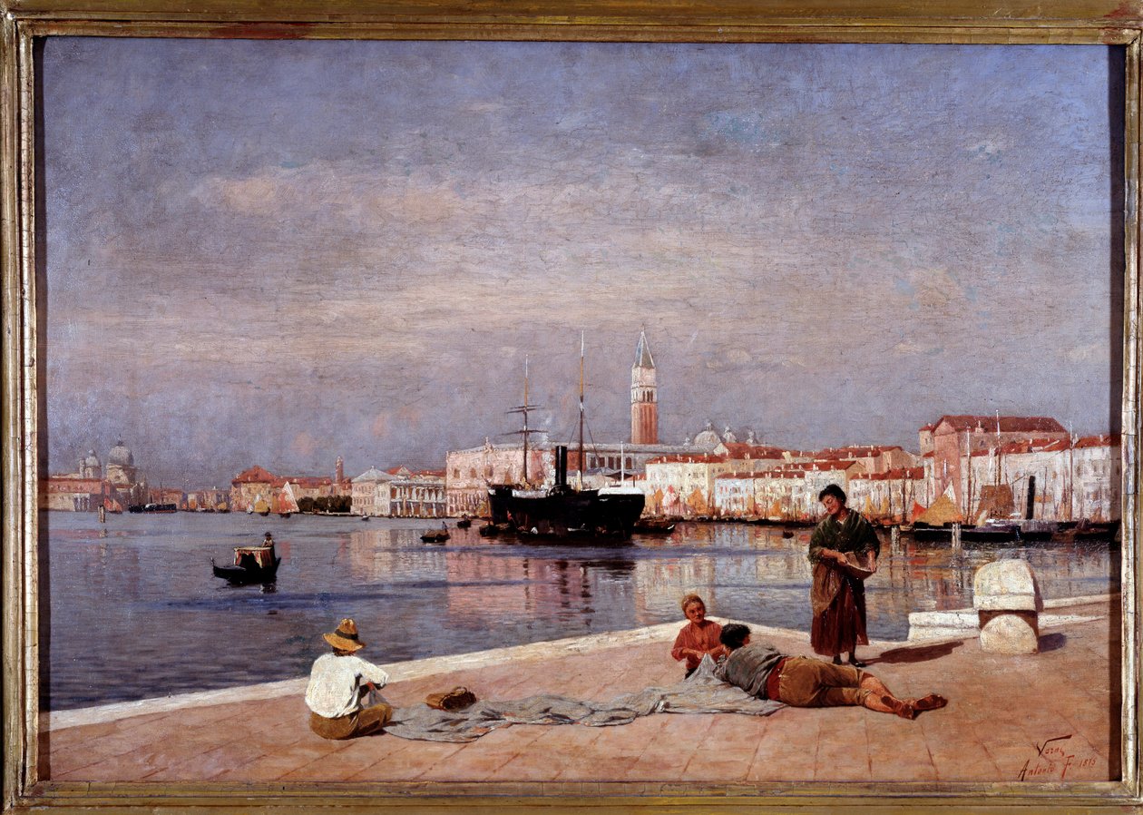Udsigt over lagunen i Venedig fra en dok (olie på lærred af Antonio Varni