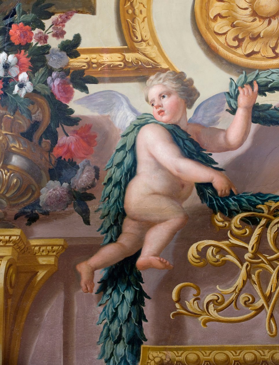 Detalje af et vægmaleri, der viser en kerub, der holder en laurbærkrans og guirlande, The Banqueting House af Antonio Verrio
