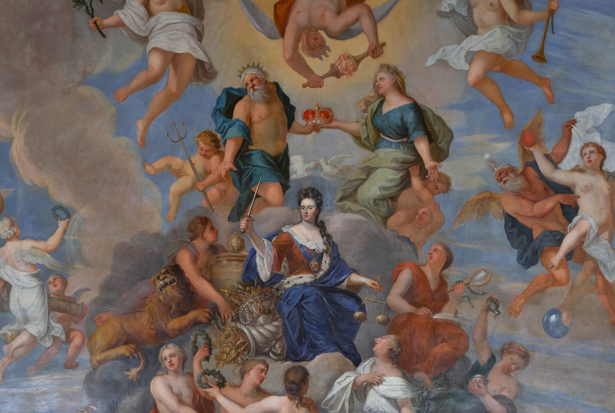 Dronning Anne omgivet af et væld af personificerede dyder, detalje af Dronningens Drawing Room loftet af Antonio Verrio