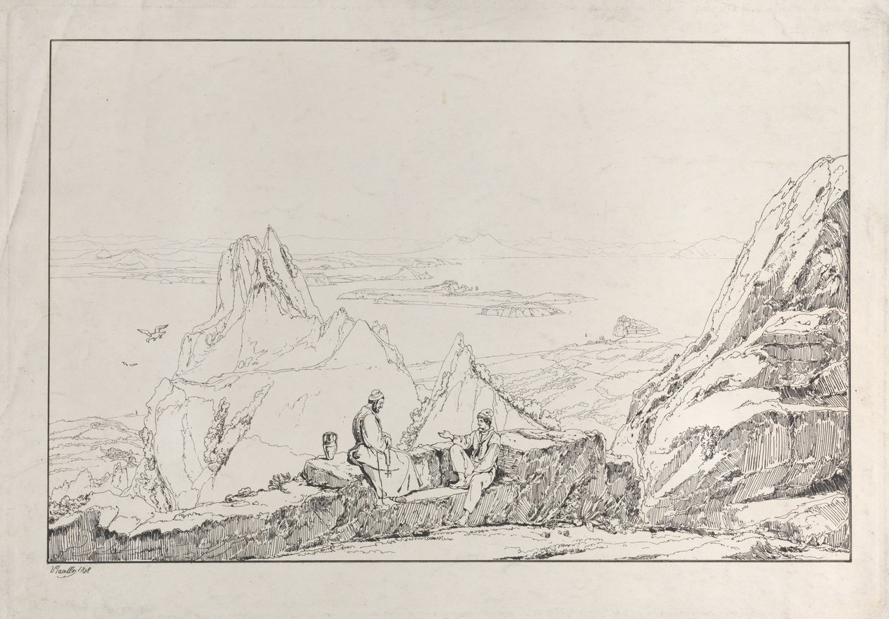 Bjerget landskab med to mænd i forgrunden, 1828. af Antonio Vianello