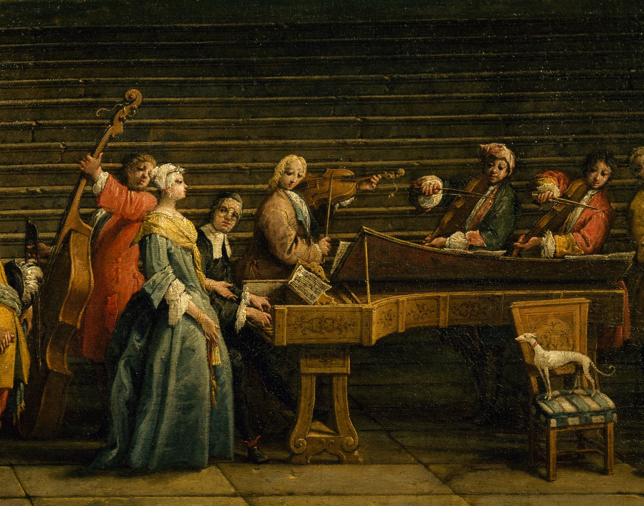 Koncert i villaen, af Antonio Visentini (1688-1782), klaver og violin, olie på lærred, 207x320, Italien af Antonio Visentini