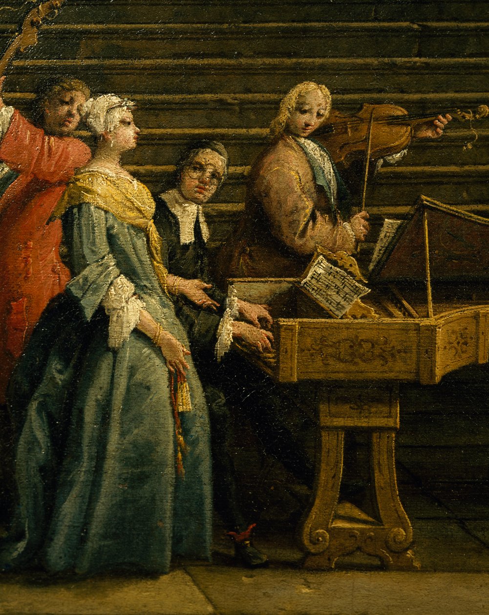 Koncert i villaen, af Antonio Visentini (1688-1782), klaver og violin, olie på lærred, 207x320, Italien af Antonio Visentini