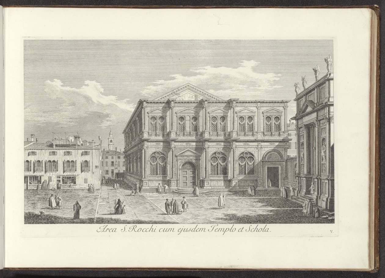 Udsigt over Campo San Rocco te Venetië Område af S. Rocchi med samme tempel og skole (titel på objekt) Gezichten op bugemenen en pleinen in Venetië (serietitel) De mere berømte udsigter over byen Venedig fra Antoniuskanalens 38 paneler, indgraveret i messi af Antonio Visentini