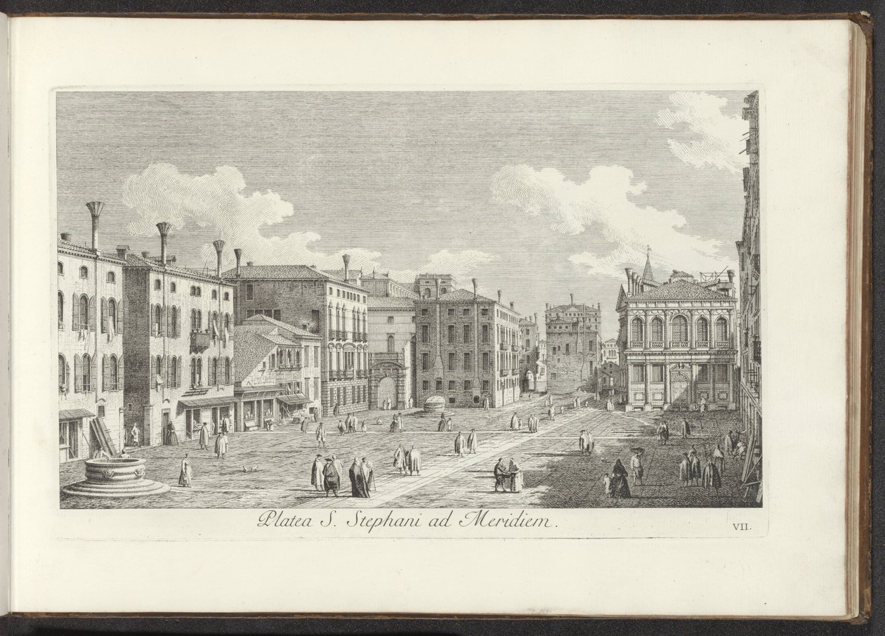 Udsigt over Campo Santo Stefano te Venetië Stefanspladsen mod syd (titel på objektet) Gezichten op bugemenen en pleinen in Venetië (serietitel) Den mest berømte udsigt over byen Venedig, fra Antonius-kanalens 38. paneler, trykt i messing af Antonio Viss af Antonio Visentini