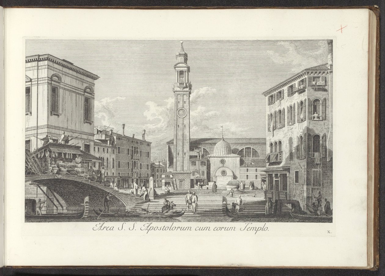 Udsigt over Campo dei Santi Apostoli te Venetië Område for St. S. Apostles med deres tempel (titel på objektet) Gezichten op bugemenen en pleinen in Venetië (serietitel) De mere berømte udsigter over byen Venedig, fra Antonius-kanalens 38 paneler, trykt i  af Antonio Visentini