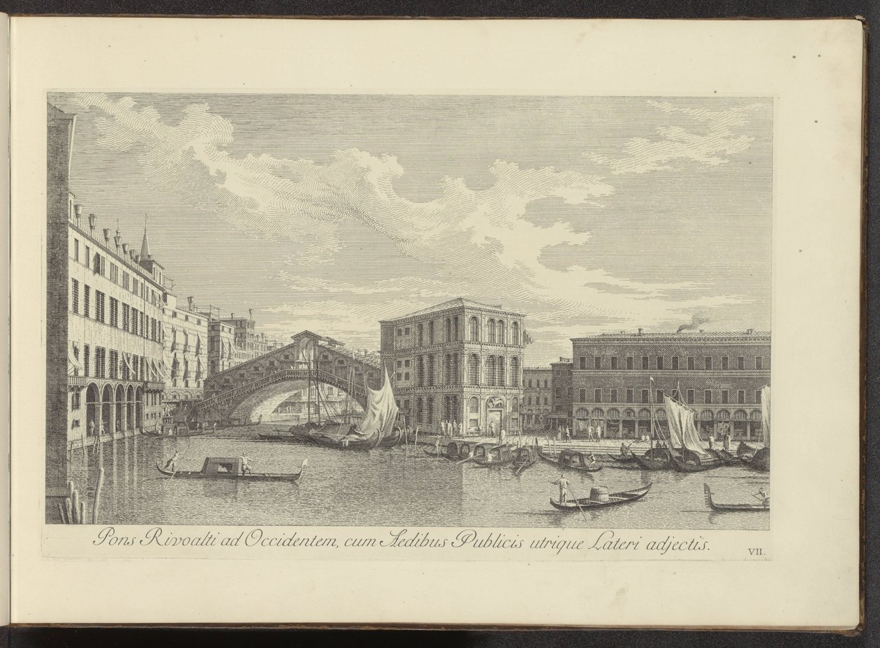 Se på Canal Grande, Palazzo dei Camerlenghi og Rialtobrug i Venedig Rivoalti-broen mod vest, med de offentlige bygninger knyttet til begge sider (titel på objektet) De mest berømte udsigter over byen Venedig, fra Antonius-kanalens 38 paneler, ex af Antonio Visentini