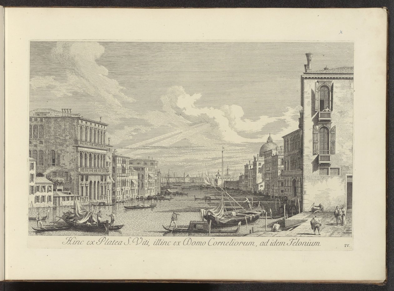 Se på Canal Grande i Campo San Vio te Venetië På denne side fra gaden St. Vitus, på den anden side fra Cornelius-huset, til det samme Telonium (titel på objektet) Den mest berømte udsigt over byen Venedig, fra Antonius-kanalens 38. paneler, trykt i messing af Antonio Visentini