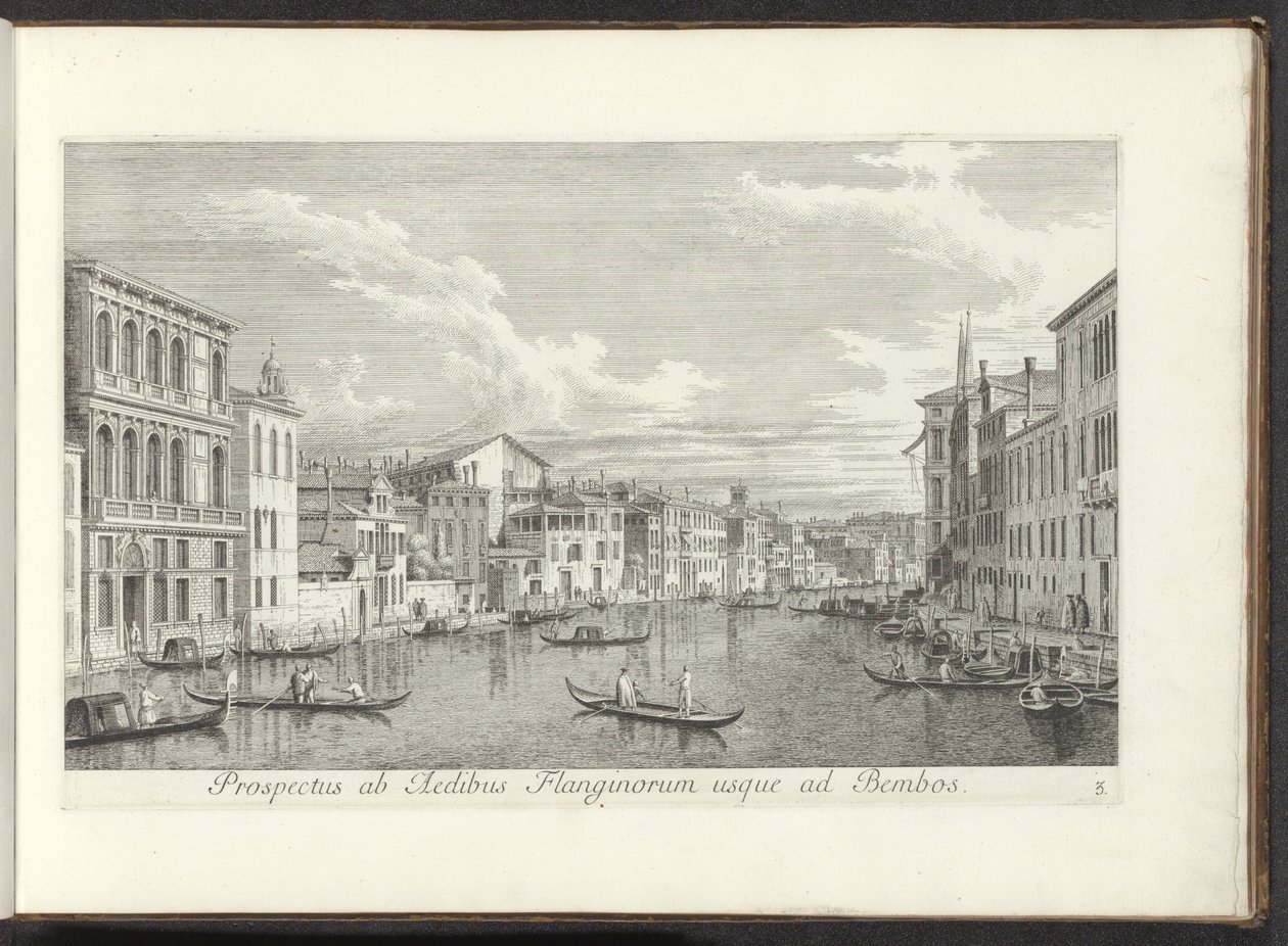 Se på Canal Grande og Palazzo Flangini i Venedig Udsigt fra husene i Flanginos til Bembos (titel på objekt) De mest berømte udsigter over byen Venedig, fra Antonius-kanalens 38 paneler, trykt i messing af Antonio Visentini, i tre dele af Antonio Visentini