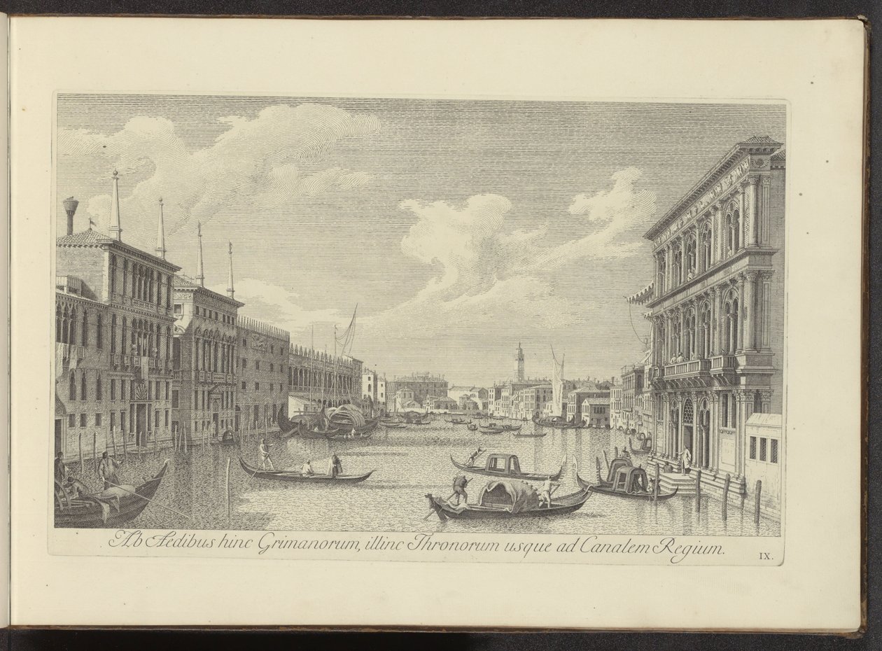 Se på Canal Grande og Palazzo Vendramin-Calergi te Venetië Fra Grimanernes huse på denne side, på tronernes, så langt som til Royal Canal (titel på objektet) Mere berømte udsigter over byen Venedig, fra Antonius Canal 38 paneler trykt på luft af Antonio af Antonio Visentini