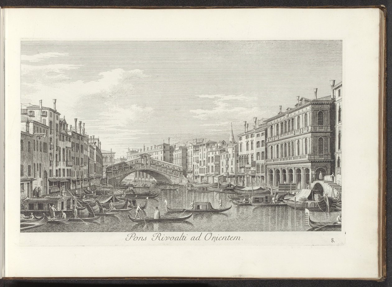 Se på Canal Grande og Rialtobrug i Venedig Rivoalti-broen mod øst (titel på objekt) De mest berømte udsigter over byen Venedig, fra Antonius-kanalens 38 paneler, trykt på messing af Antonio Visentini, opdelt i tre dele. den anden del (ser af Antonio Visentini
