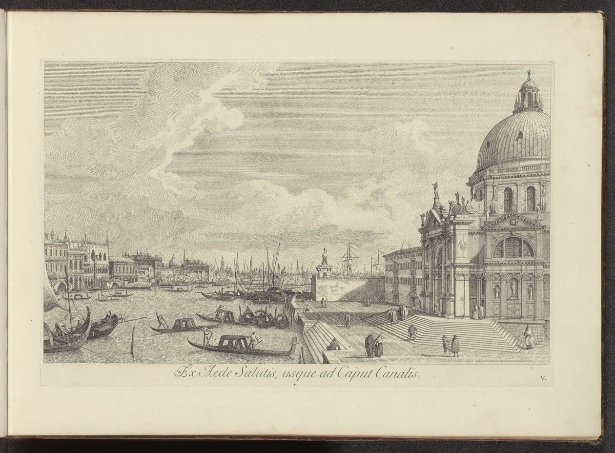 Se på Canal Grande en de Santa Maria della Salute i Venedig Fra Frelsens Hus til Kanalhovedet (titel på objekt) Den mest berømte udsigt over byen Venedig, fra Antonius-kanalens 38 paneler, trykt på messing af Antonio Visentini, i tre dele af Antonio Visentini