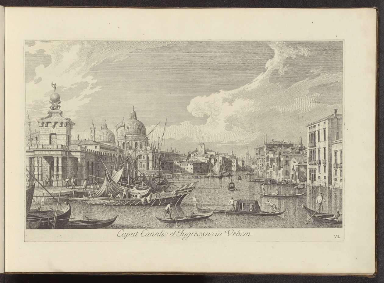 Se på Canal Grande i Venedig Leder af kanalen og indgangen til byen (titel på objekt) De mest berømte udsigter over byen Venedig, fra Antonius-kanalens 38 paneler, trykt på messing af Antonio Visentini, opdelt i tre dele. første del (serietitel af Antonio Visentini