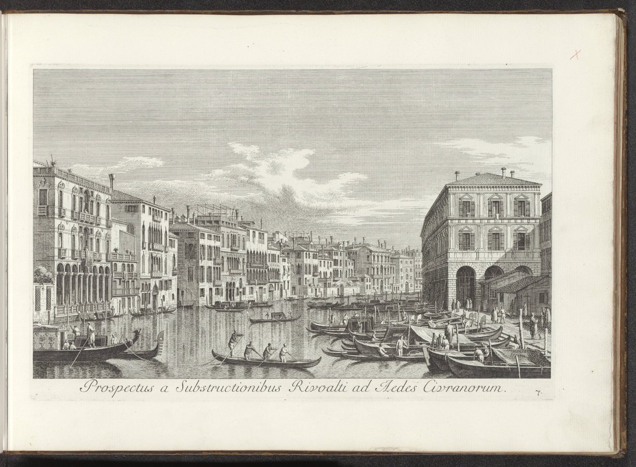 Se på Canal Grande i Venedig Udsigt fra understrukturerne i Rivoalti til Aedes Civranorum (titel på objekt) De mest berømte udsigter over byen Venedig, fra Antonius-kanalens 38 paneler, trykt på messing af Antonio Visentini, opdelt i tre dele. s af Antonio Visentini