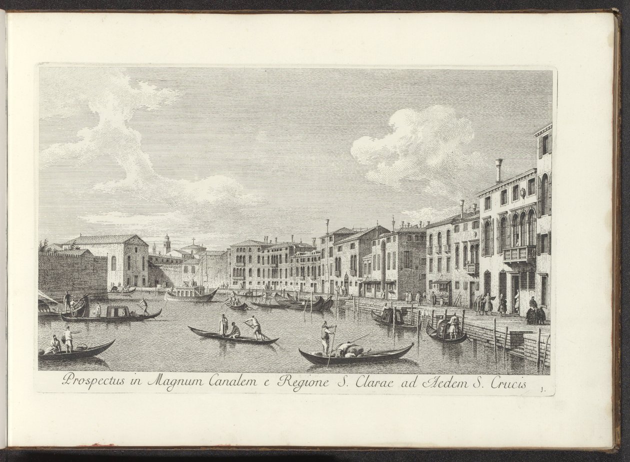 Se på Canal Grande i Venedig Udsigt over Canal Grande fra regionen St. Clare til Det Hellige Kors Hus (titel på objektet) De mest berømte udsigter over byen Venedig, fra Antonius-kanalens 38 paneler, trykt på luft af Antonio Visentini, i tre dele af Antonio Visentini