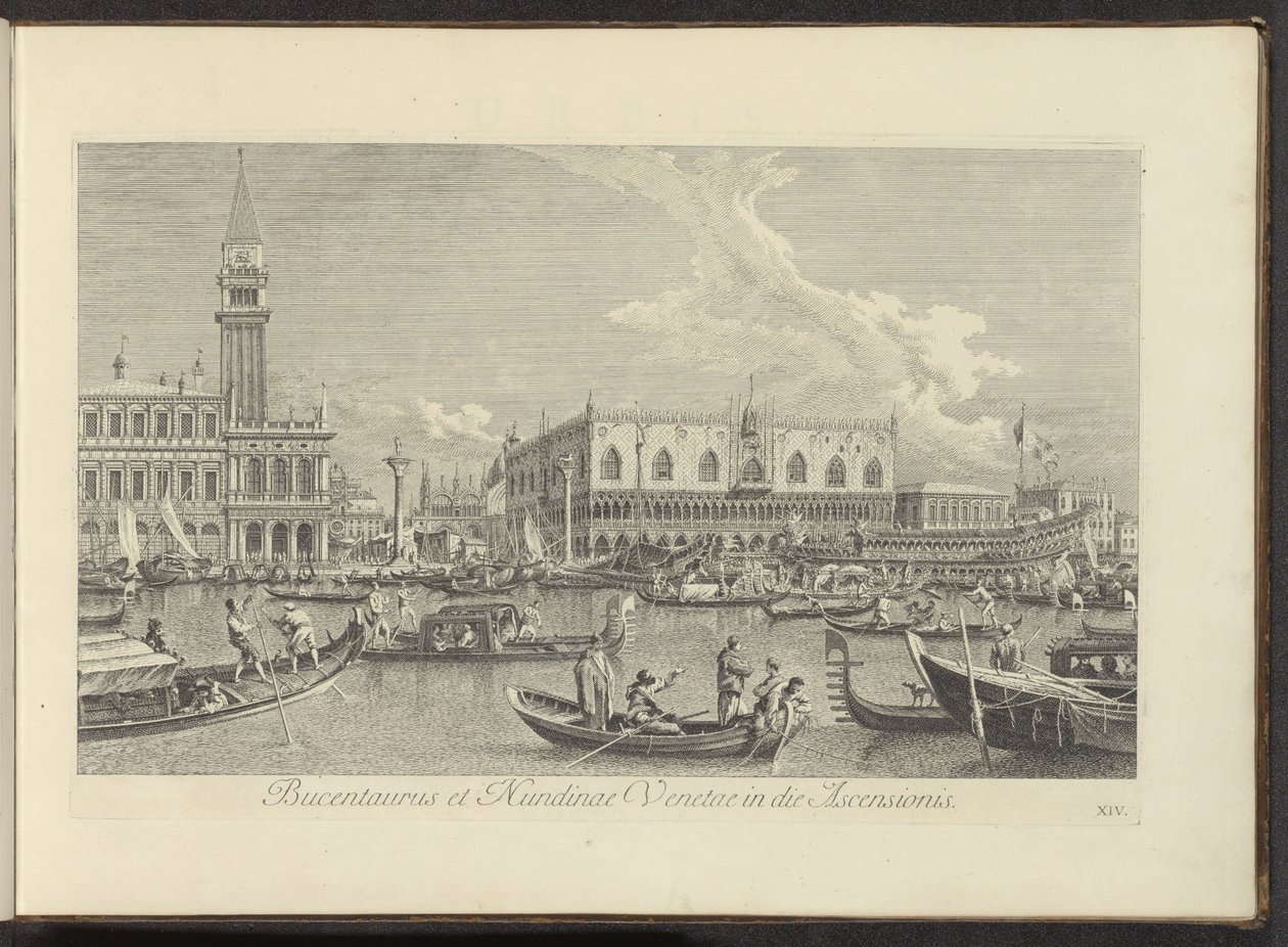 Se på Canal Grande te Venetië med de Bucintoro van de doge Bucentaurus og Nundinae Venetae på Kristi Himmelfartsdagen (titel på objekt) Den mest berømte udsigt over byen Venedig, fra Antonius-kanalens 38 paneler, trykt i luften af ​​Antonio Visentini af Antonio Visentini