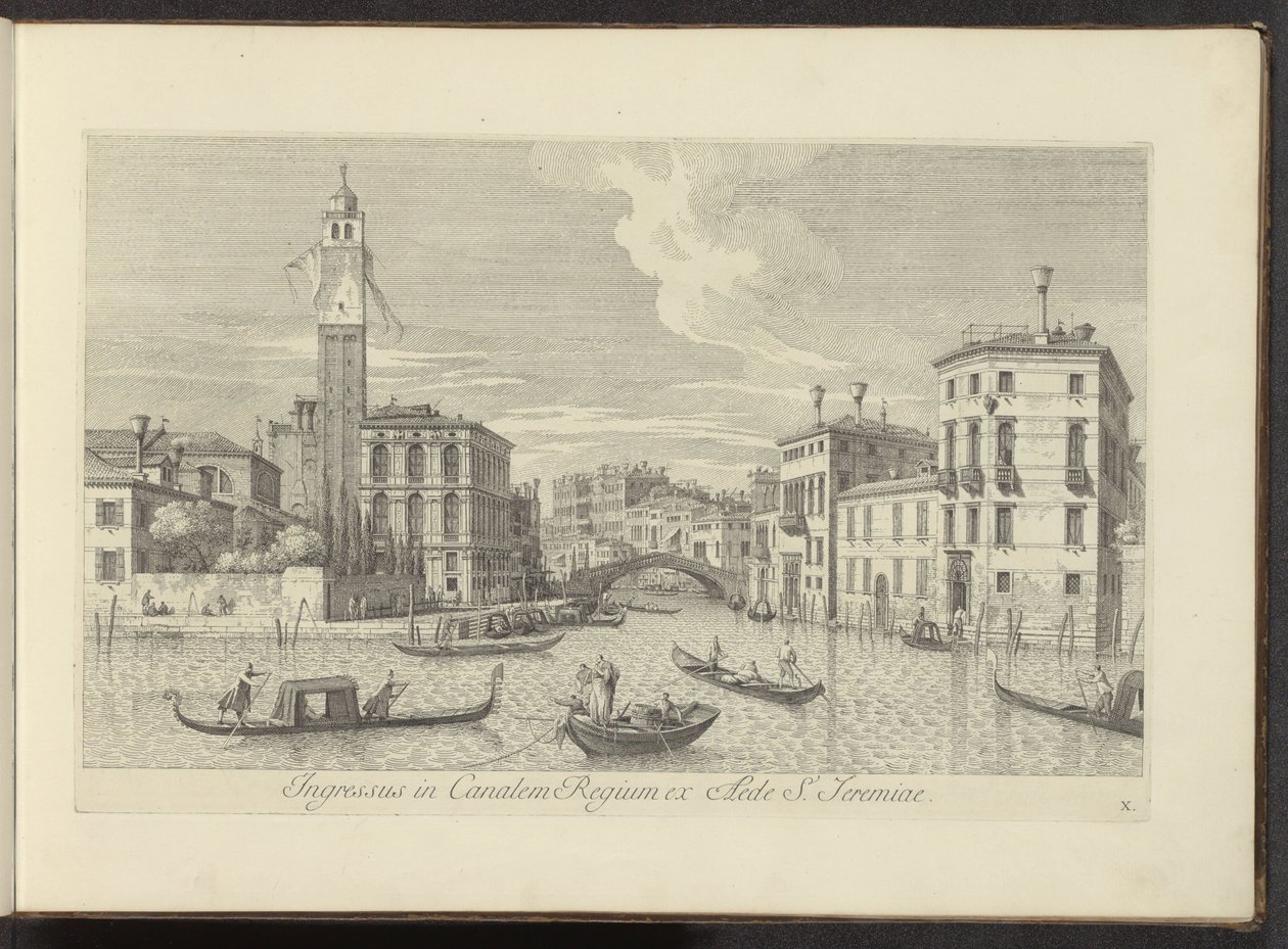 Se på Cannaregio i Palazzo Labia te Venetië Indgang til Royal Canal fra St. Jeremiahs hus (titel på objektet) De mest berømte udsigter over byen Venedig, fra Antonius-kanalens 38 paneler trykt i luften af ​​Antonio Visentini, opdelt i tre dele af Antonio Visentini