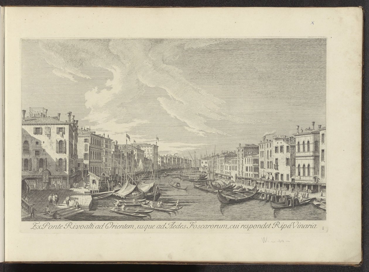 Se fra Rialtobrug på Canal Grande i Venedig Fra Ponte Rivoalti mod øst, til Aedes Foscarorum, som svarer til Ripa Vinaria (titel på objektet) De mest berømte udsigter over byen Venedig, fra Antoniuskanalens 38 paneler, trykt i messing af A af Antonio Visentini