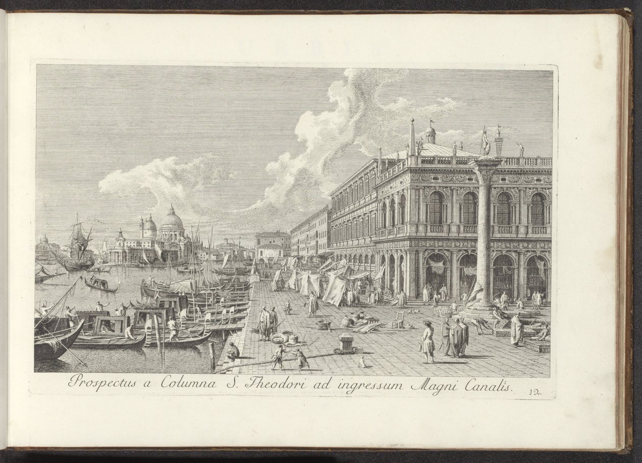 Hoek van het San Marcoplein med de Biblioteca Marciana Udsigt fra St. Theodors søjle til indgangen til Canal Grande (titel på objektet) De mest berømte udsigter over byen Venedig, fra Antoniuskanalens 38 paneler i messing, trykt af Antonio Visentini i dele af Antonio Visentini