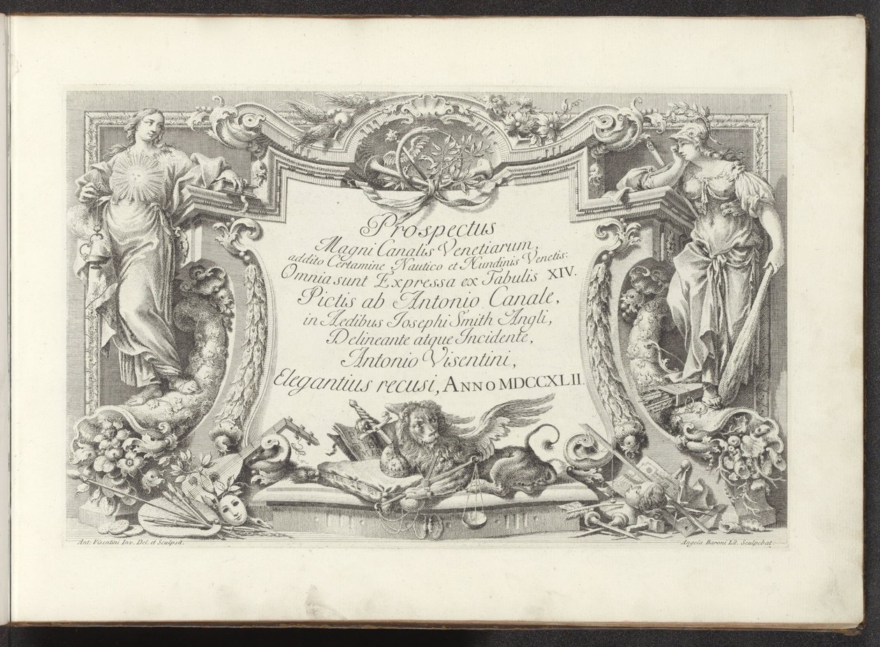 Titeltryk med kartouche med Visdom og Magt Udsigt over Canal Grande i Venedig (serietitel) Prospectus Magni Canalis Venetiarum (serietitel på objekt) af Antonio Visentini