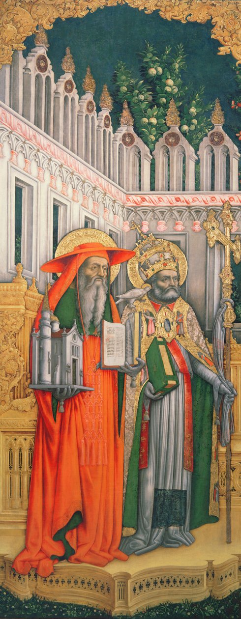 Skt. Jerome og Skt. Gregorius, venstre panel fra Jomfruen på tronen med de hellige Jerome, Gregory, Ambrose og Augustin, 1446 (efter restaurering) (se 160893-99) af Antonio Vivarini